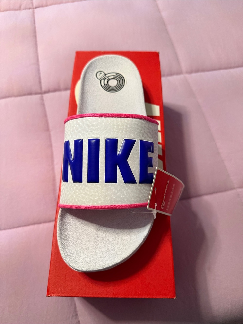 Nike White Slides with Bold Blue Logo and Pink Trim womens size 9